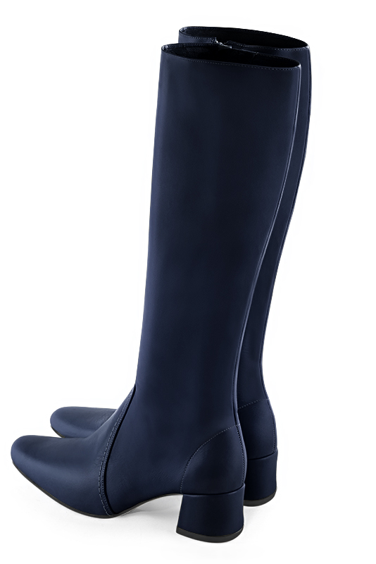Navy blue women's feminine knee-high boots. Round toe. Low flare heels. Made to measure. Rear view - Florence KOOIJMAN
